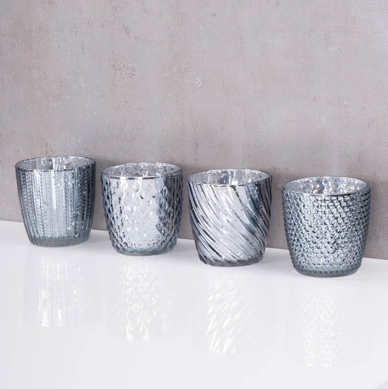 4er Set Windlicht H9cm Glas Silber Teelichthalter Tischdeko Kerzen Retro Deko
