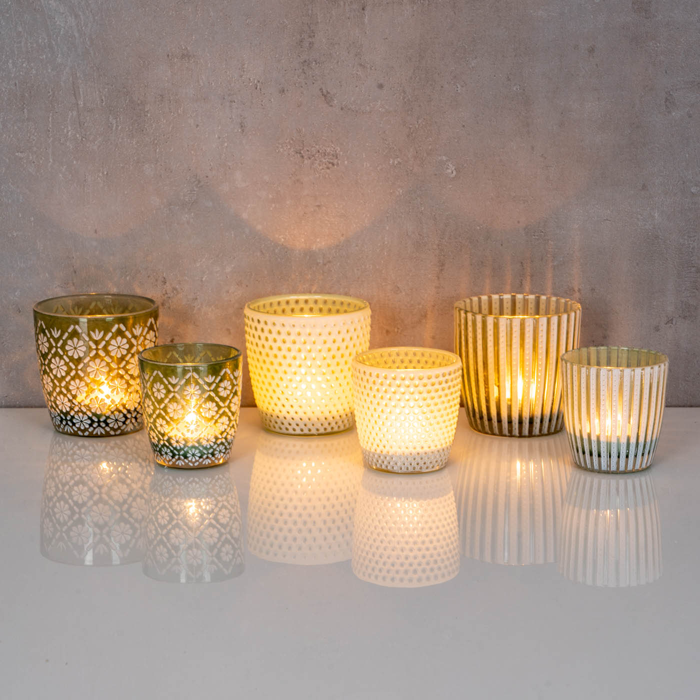 6er Set Teelichthalter Grün Weiß Glas Windlicht Tischdeko Kerzenhalter Kerzen Deko