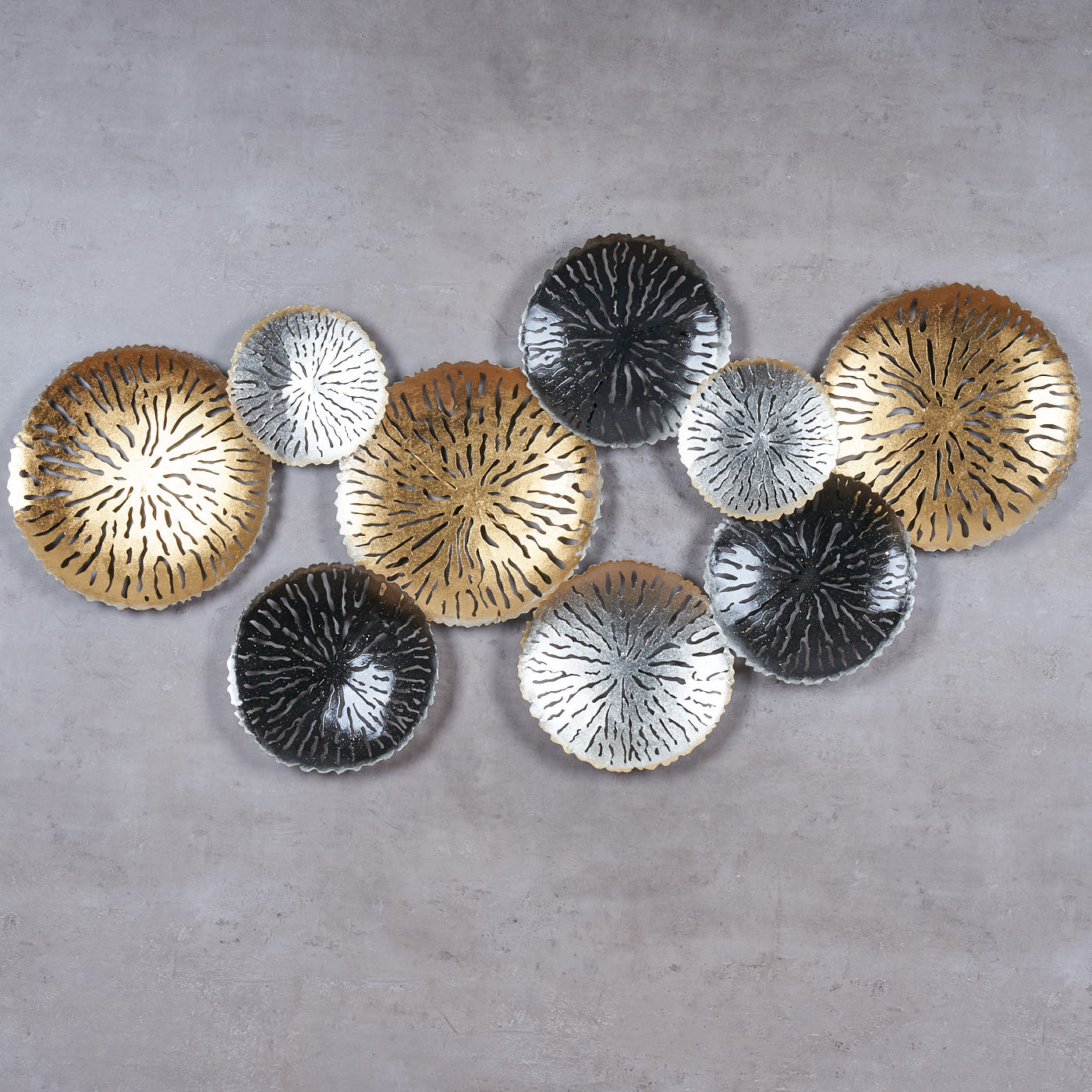 3D Wandbild 115x56cm Ringe Kreise Metall Gold Schwarz Deko Teller Wanddeko Design