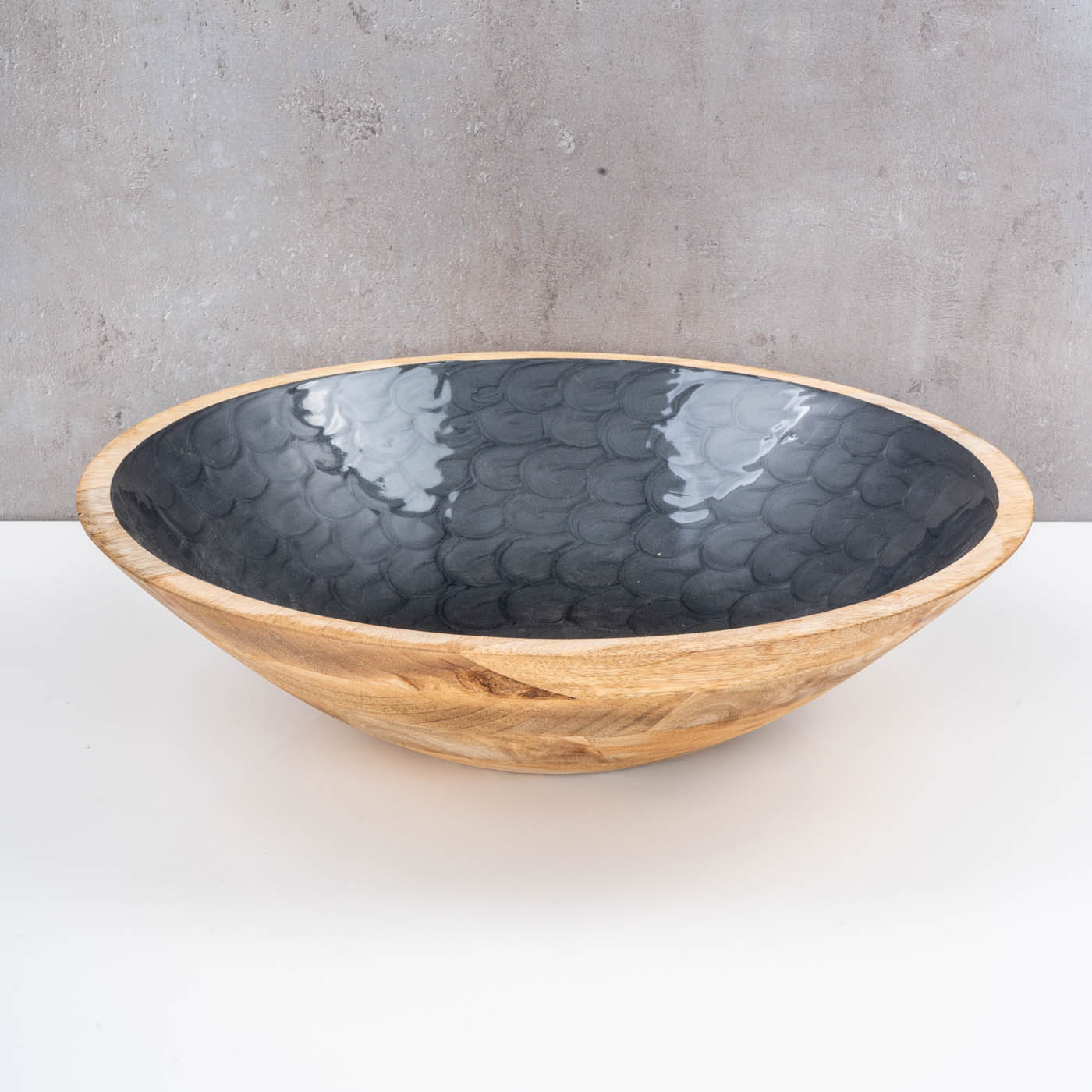 Schüssel 35cm Mango Holz Grau Perlmutt Emaille Schale Bowl Salatschüssel Deko