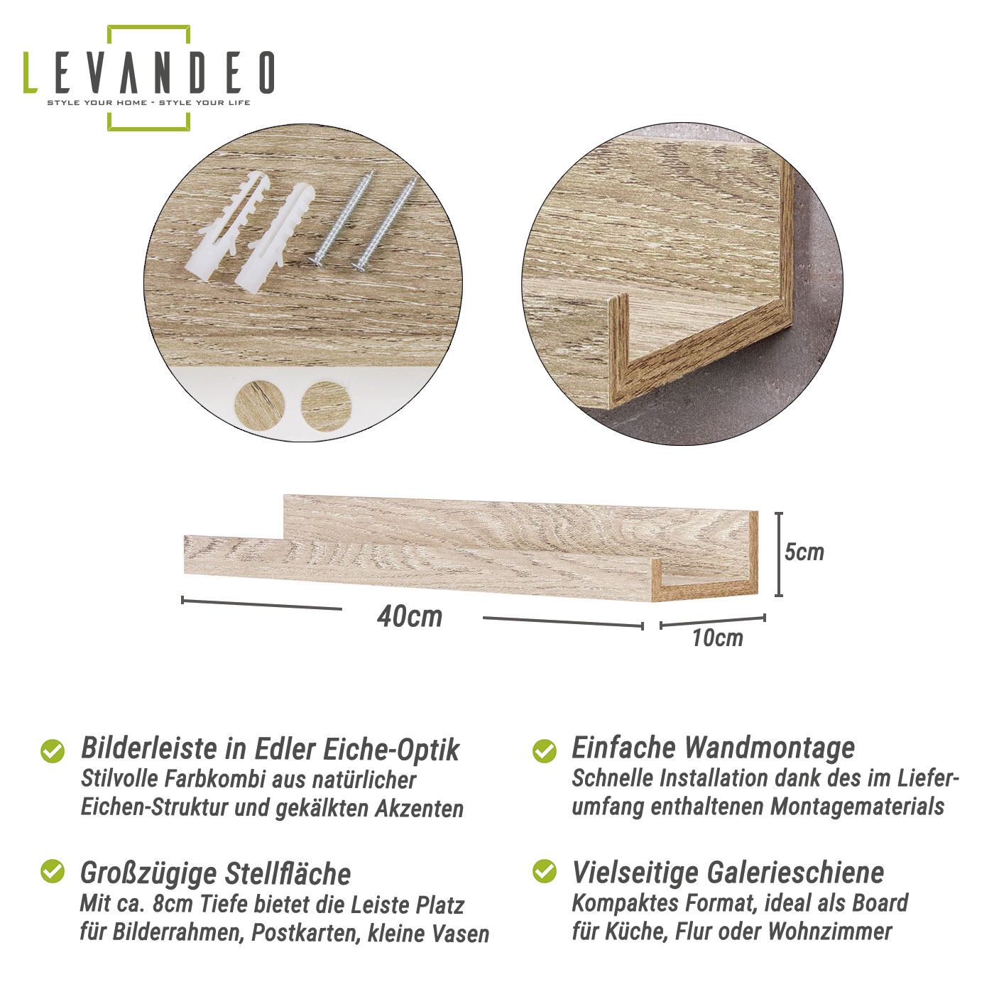 Bilderleiste Eiche Gekälkt L40cm MDF Holz Wandregal Schmal Wanddeko Hängeregal