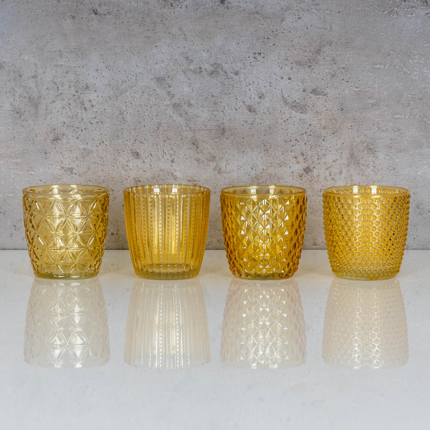 4er Set Windlicht H7,5cm Glas Gelb Teelichthalter Tischdeko Kerzen Retro Deko