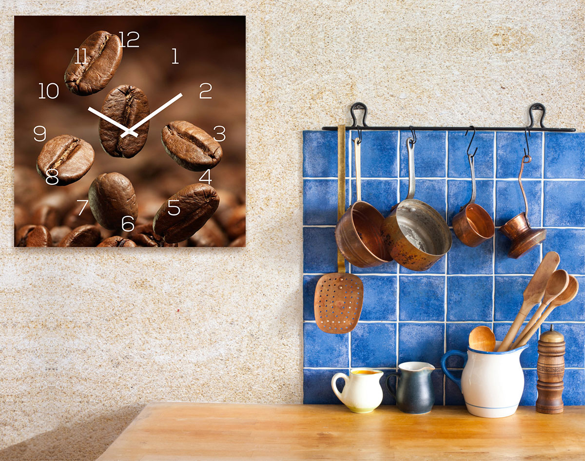 Wanduhr Glas 30x30cm Uhr Glasbild Kaffee Kaffeebohnen Coffee Wanddeko