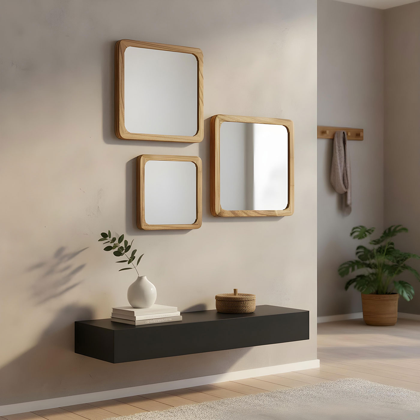 3er Set Wandspiegel 25cm 30cm 35cm Holz Natur Braun Spiegel Flurspiegel Deko