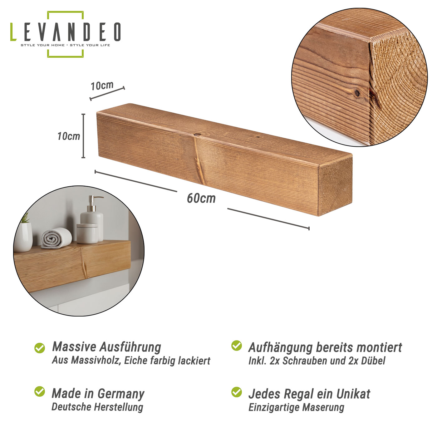 levandeo Wandregal Holz Massiv 60x10cm Eiche Farbig Wandboard Regal Vintage