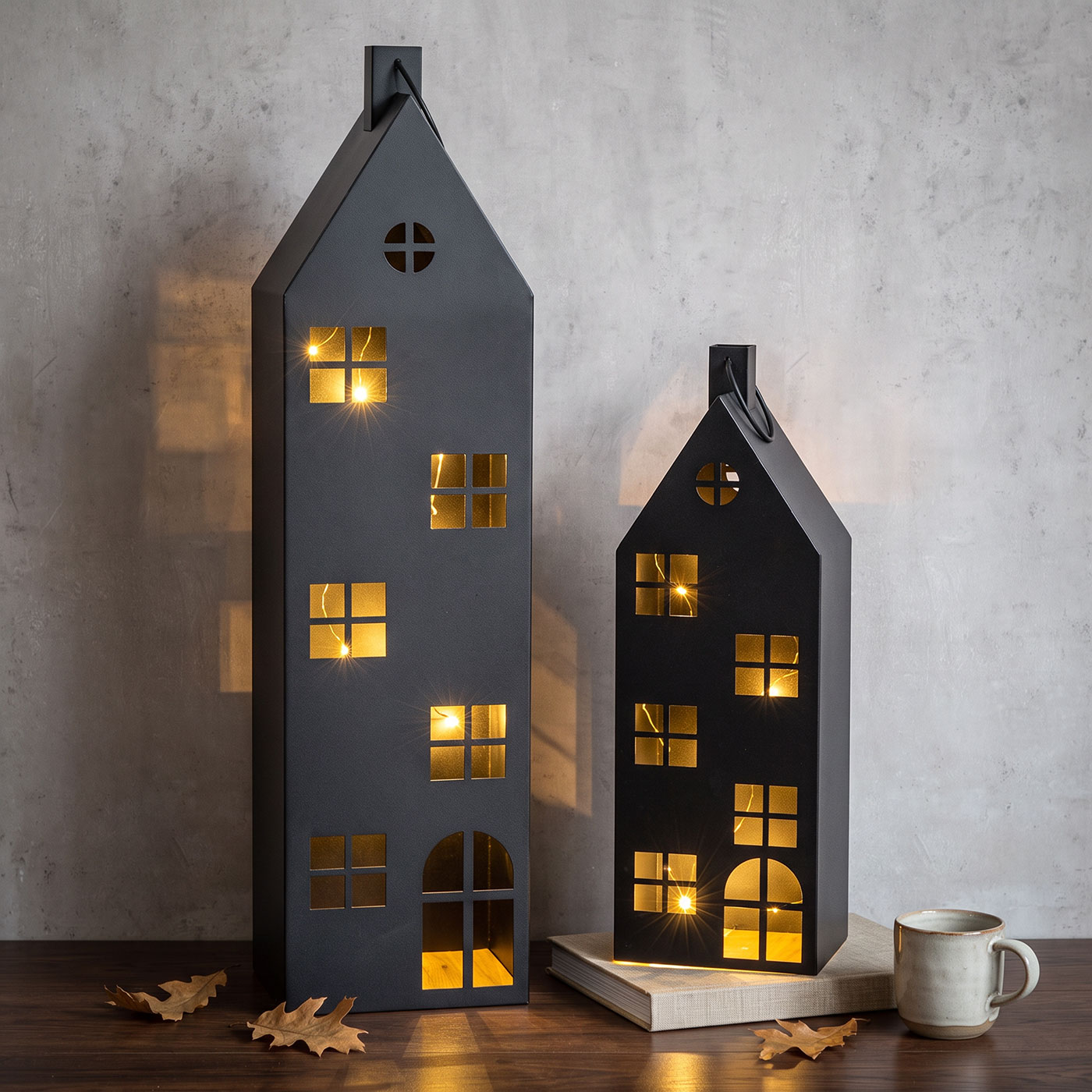 2er Set Laterne Haus H65-95cm Metall Schwarz Deko Windlicht Industrial Style