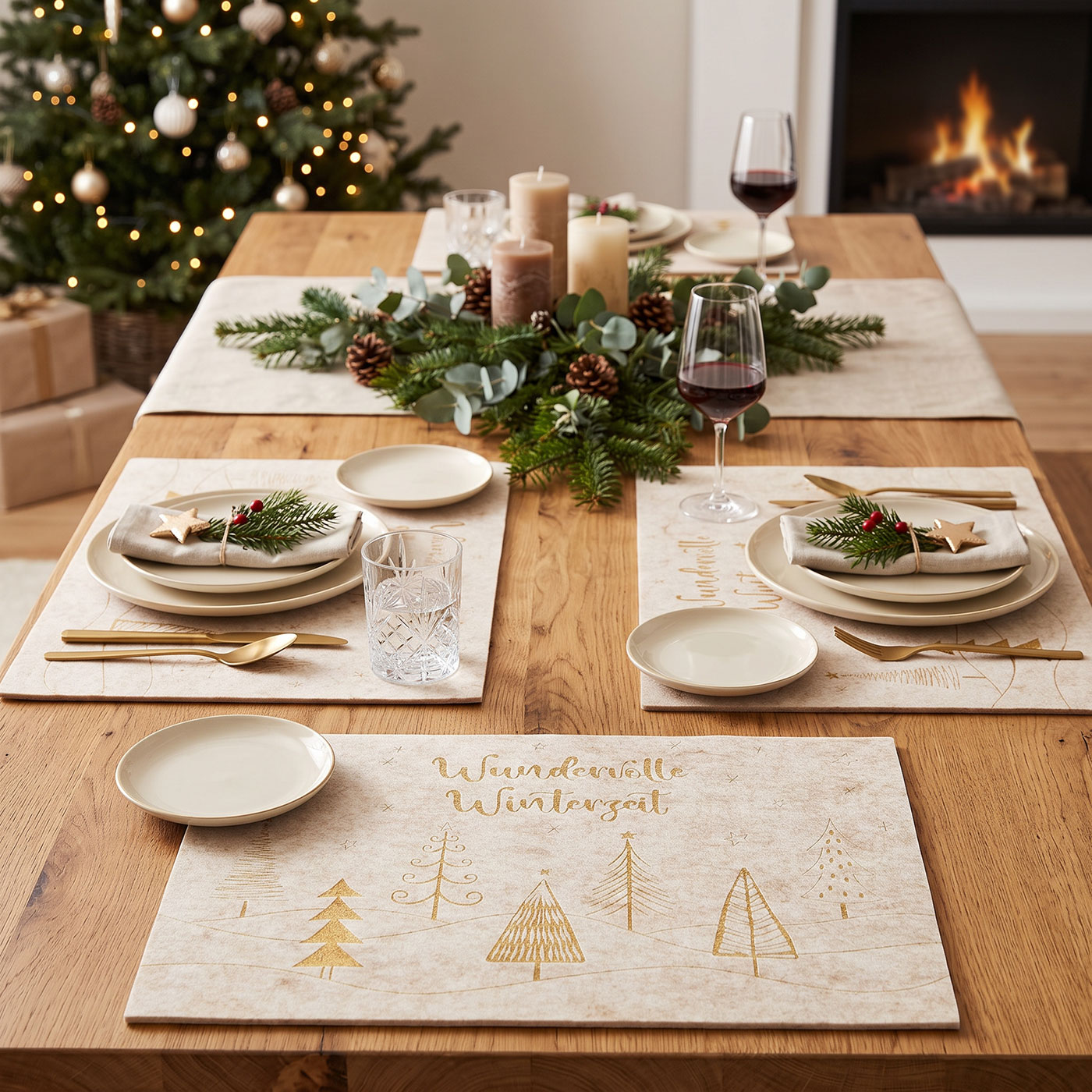 4er Set Platzsets 45x30cm Weihnachten Beige Gold Tannen Wald Tischdeko