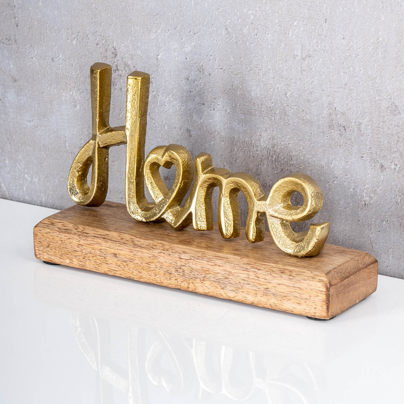 Aufsteller Home H11cm Schriftzug Gold Metall Holz Deko Mangoholz Tischdeko