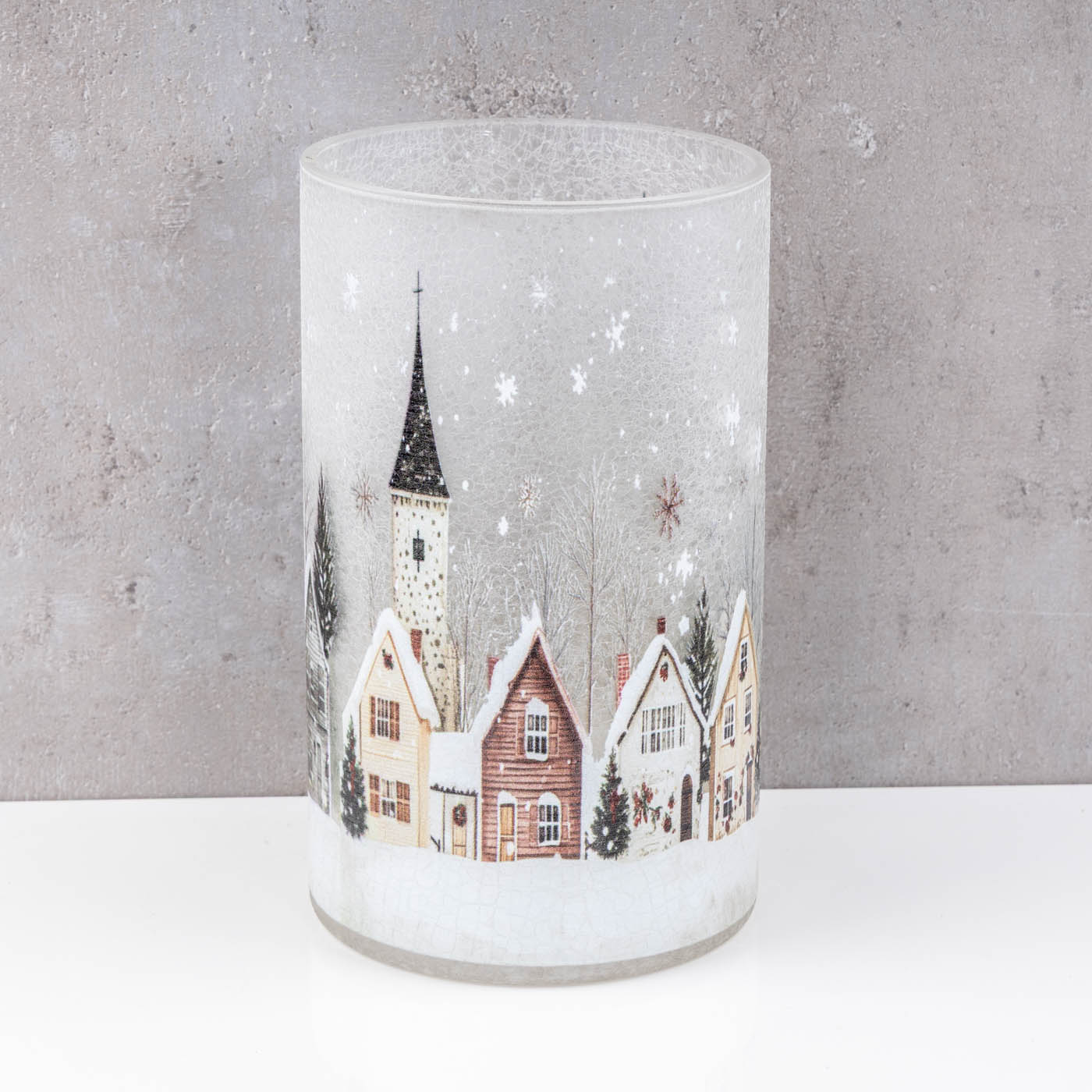 Windlicht H20cm Crackle Glas Teelichthalter Winter Weihnachten Kerzen Tischdeko