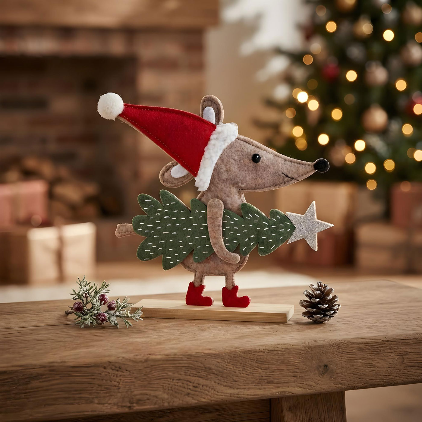 Deko Aufsteller Weihnachtsmaus 25x21cm Filz Bambus Holz Weihnachtsdeko Maus Figur