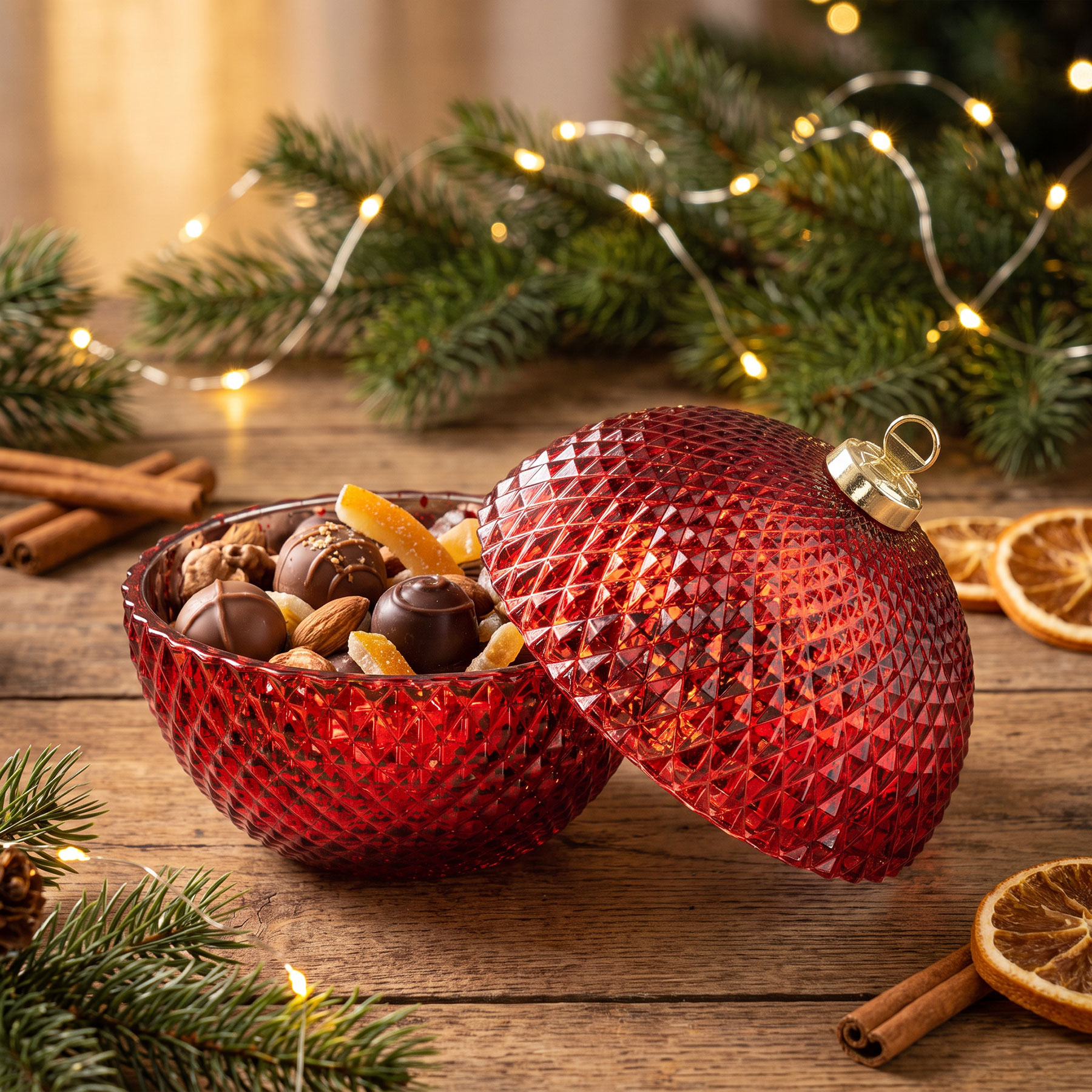 Deko Dose Weihnachten Ø13cm Weihnachtskugel Bonbon Glas Rot Tischdeko Candy Bar