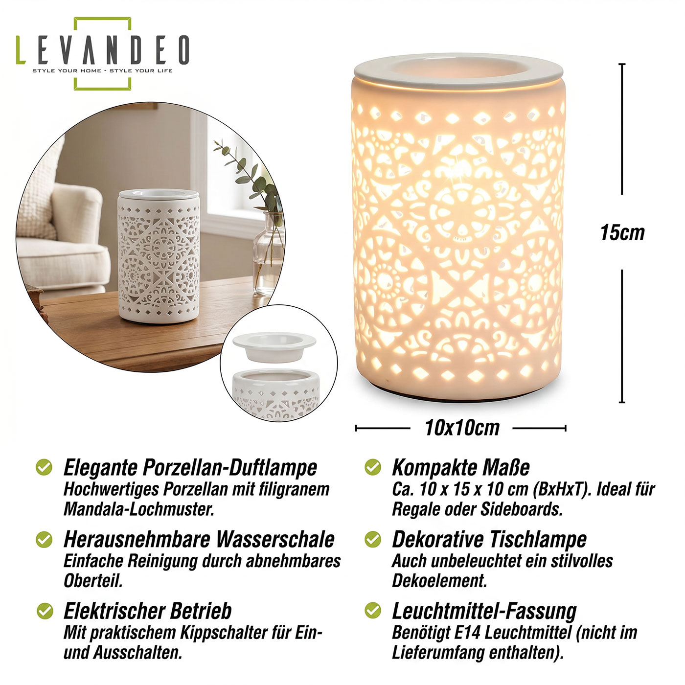 Elektrische Duftlampe Tischlampe Aromalampe Duftöl Licht Porzellan