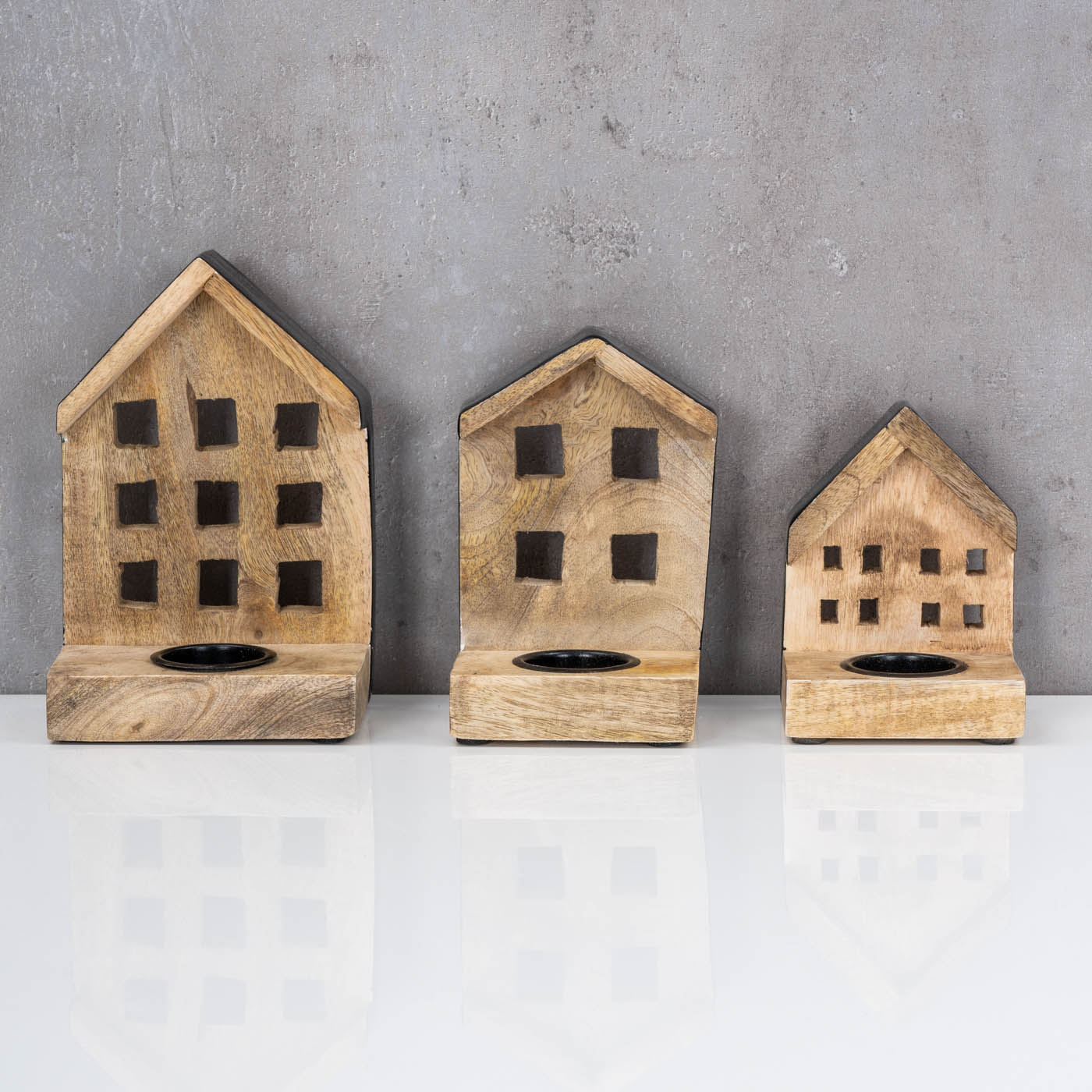 3er Set Teelichthalter H12-19cm Mango Holz Haus Kerzenhalter Braun Schwarz Deko