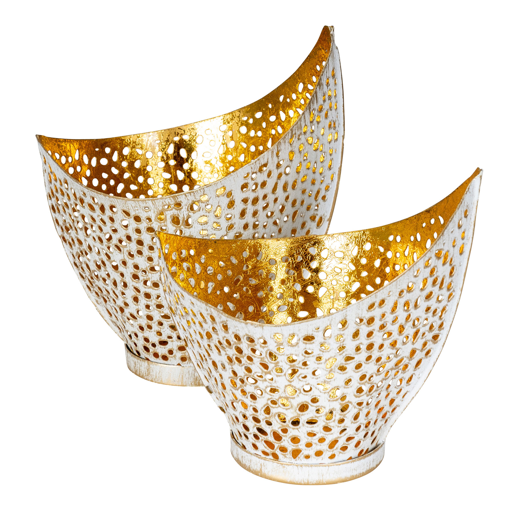 2er Set Design Teelichthalter Weiß Gold Windlicht Metall Kerzenhalter Deko