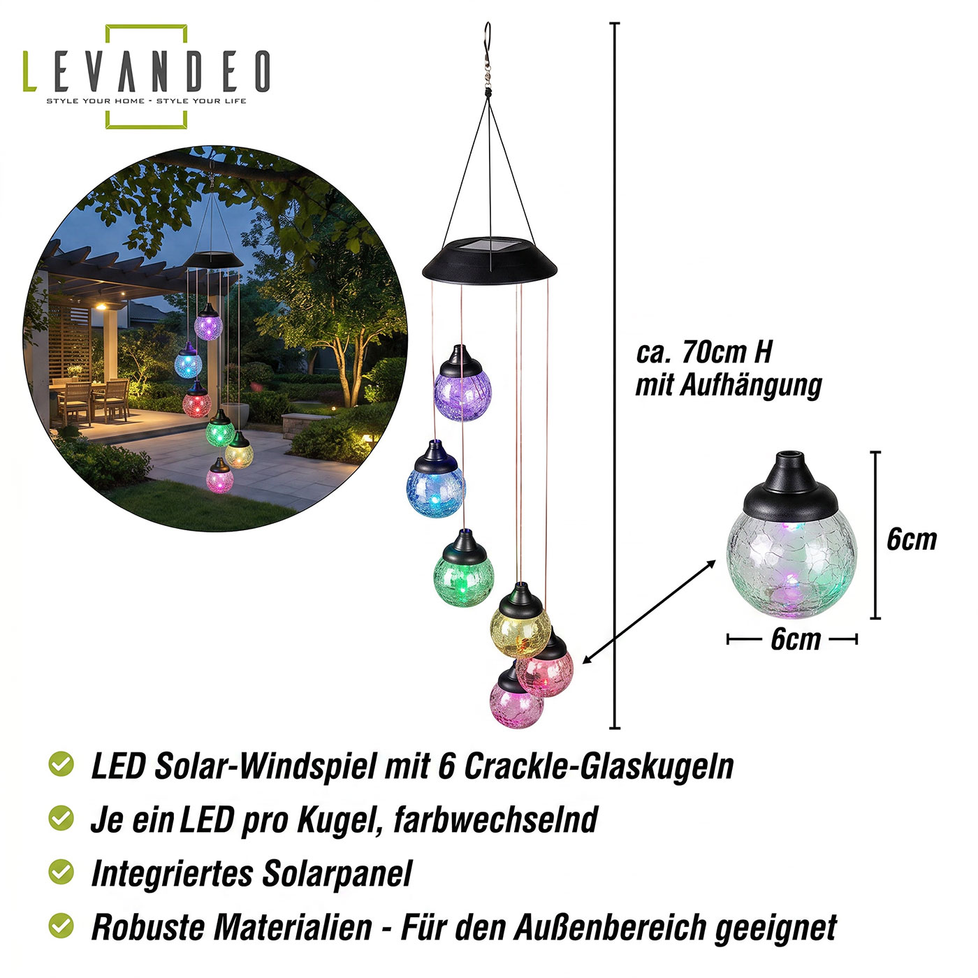 Solar Windspiel Garten 6 LED Kugel Farbwechsel Glaskugel Outdoor Beleuchtung