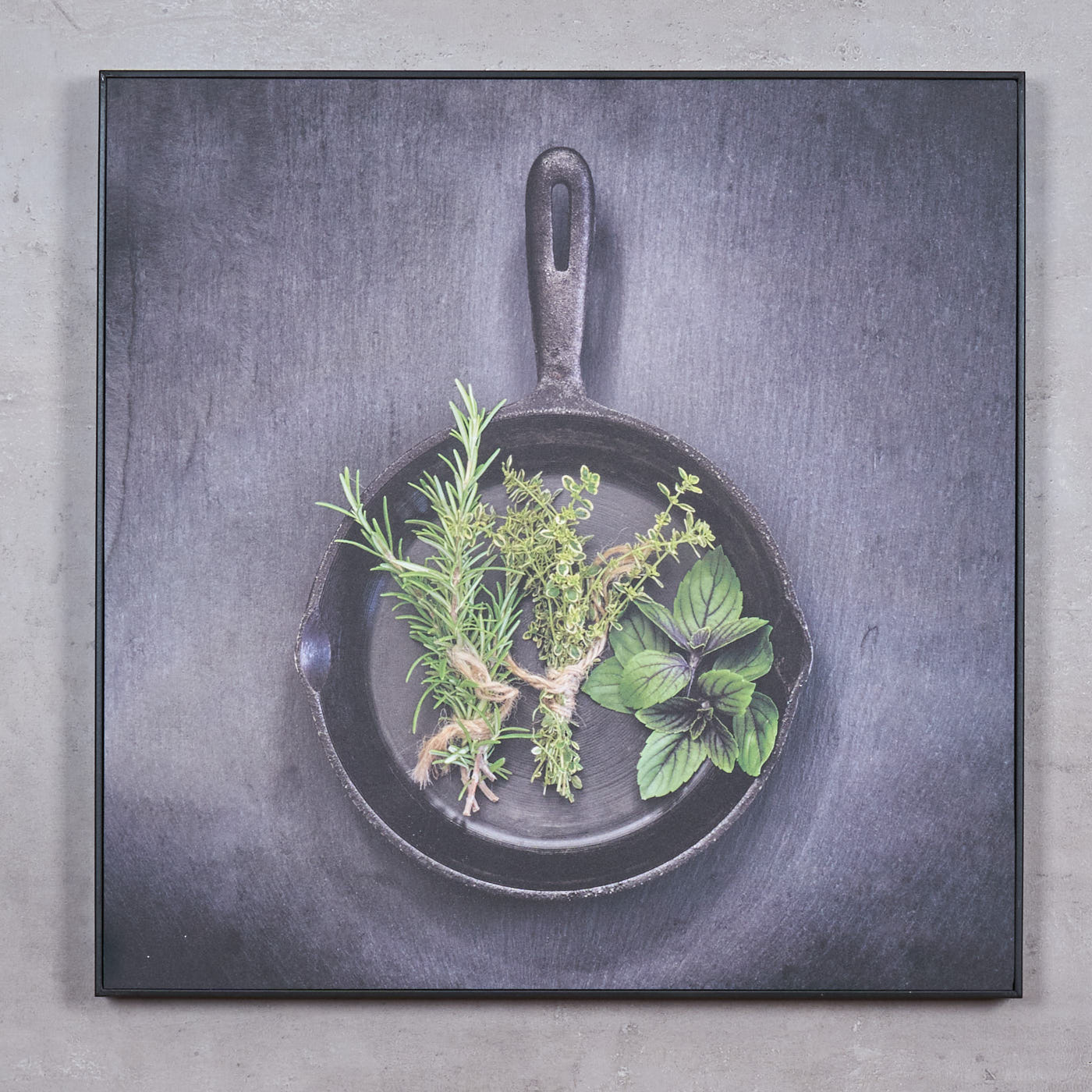 Wandbild 50x50cm PVC Rahmen Schwarz Küche Kräuter Pfanne Wanddeko Bild Deko