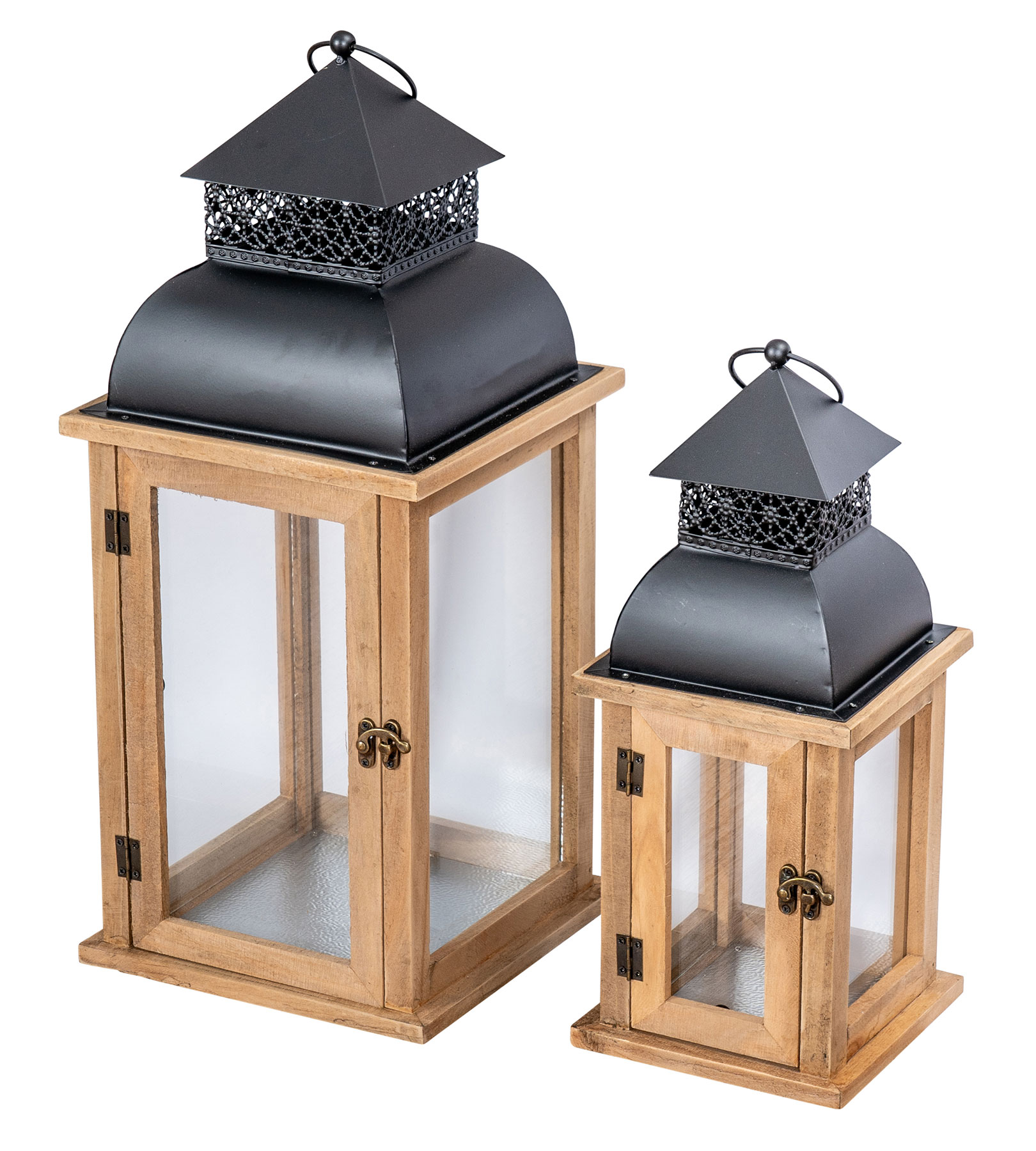 2er Set Laterne Braun Holz Metall Kerzenhalter Windlicht Gartendeko Holzlaterne