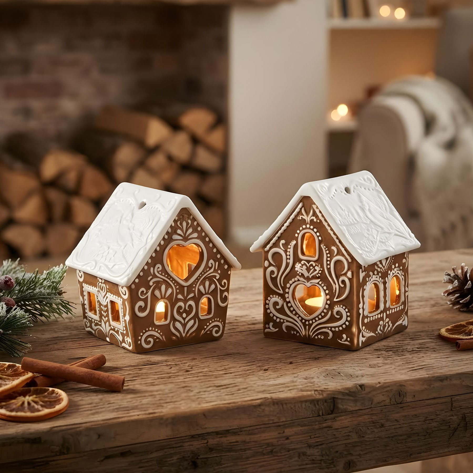 2er Set Teelichthalter Lebkuchen Haus Porzellan Kerzenhalter Weihnachten Deko