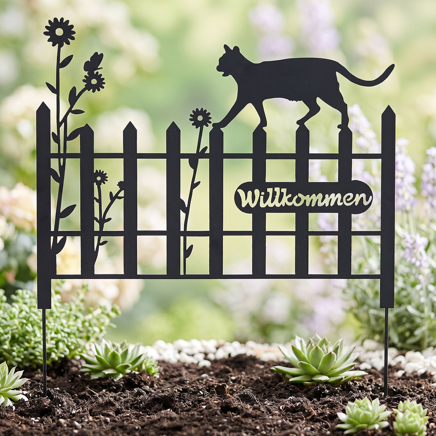 Gartenstecker Metall Katze 37x40cm Garten Zaun Schwarz Willkommen Gartendeko