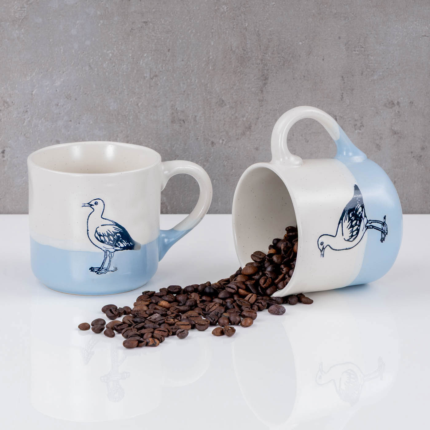 2er Set Tassen Möwe 350ml Steingut Kaffeetasse Becher Blau Maritim Design