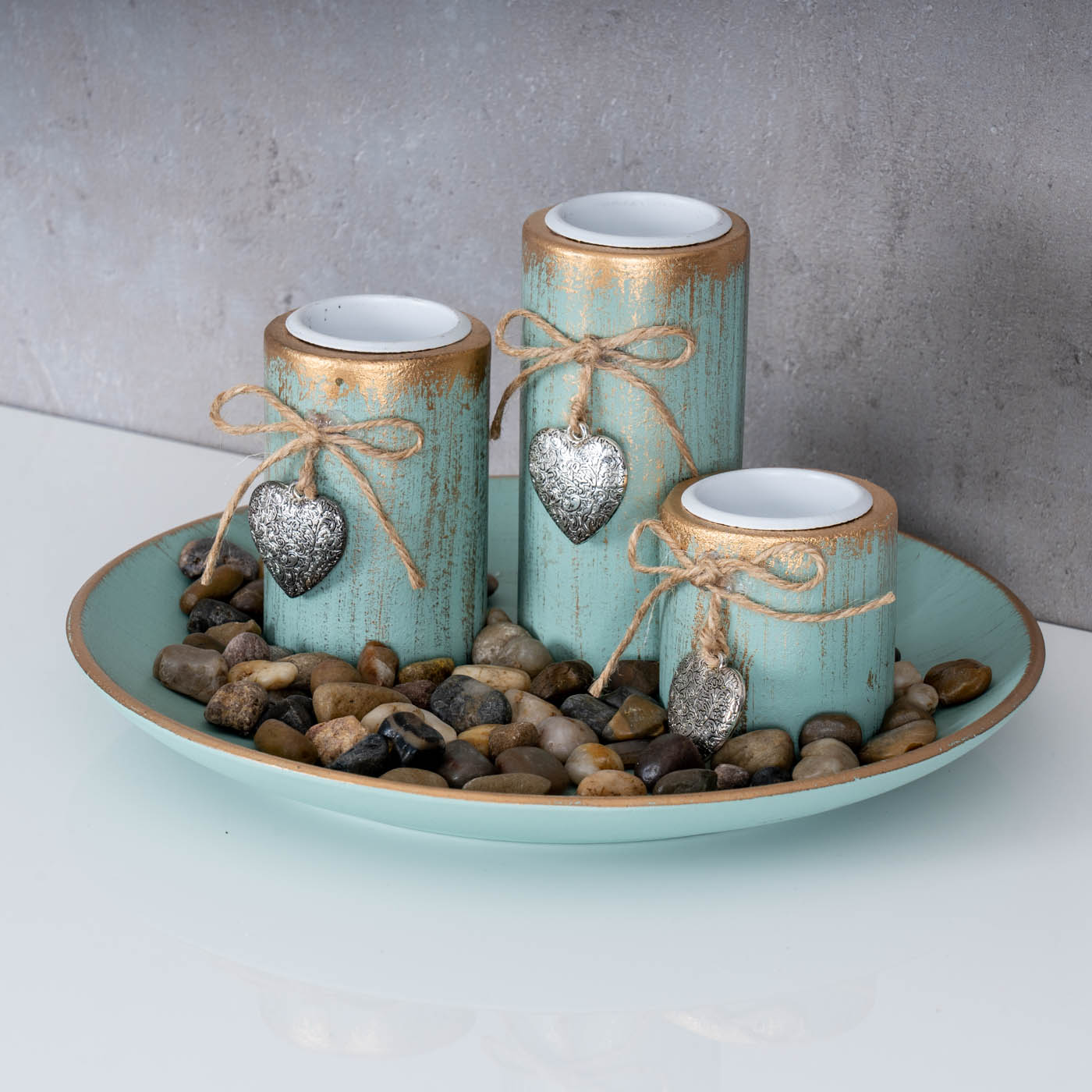 Teelichthalter Set B25cm Holzteller Tischdeko Grün Gold Shabby Chic Vintage Deko