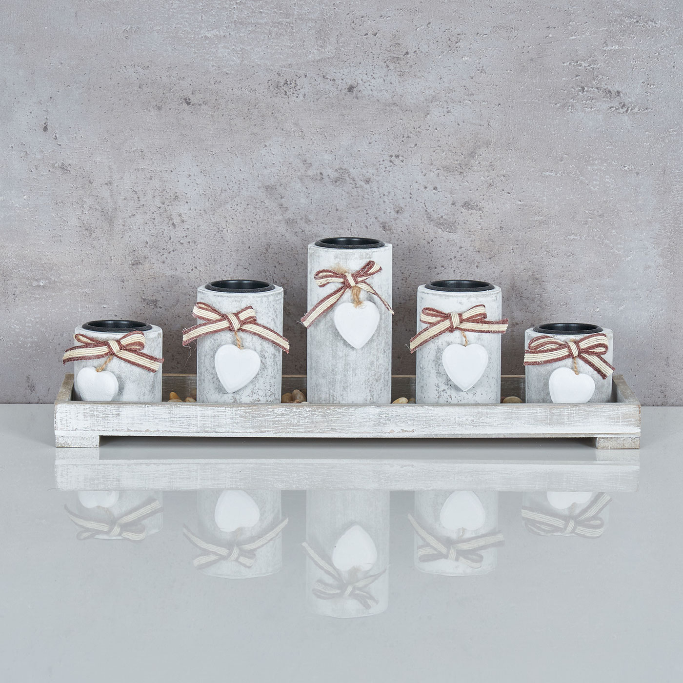 Teelichthalter Set Tablett 39x15x12cm Holz Shabby Chic Vintage Windlicht Deko