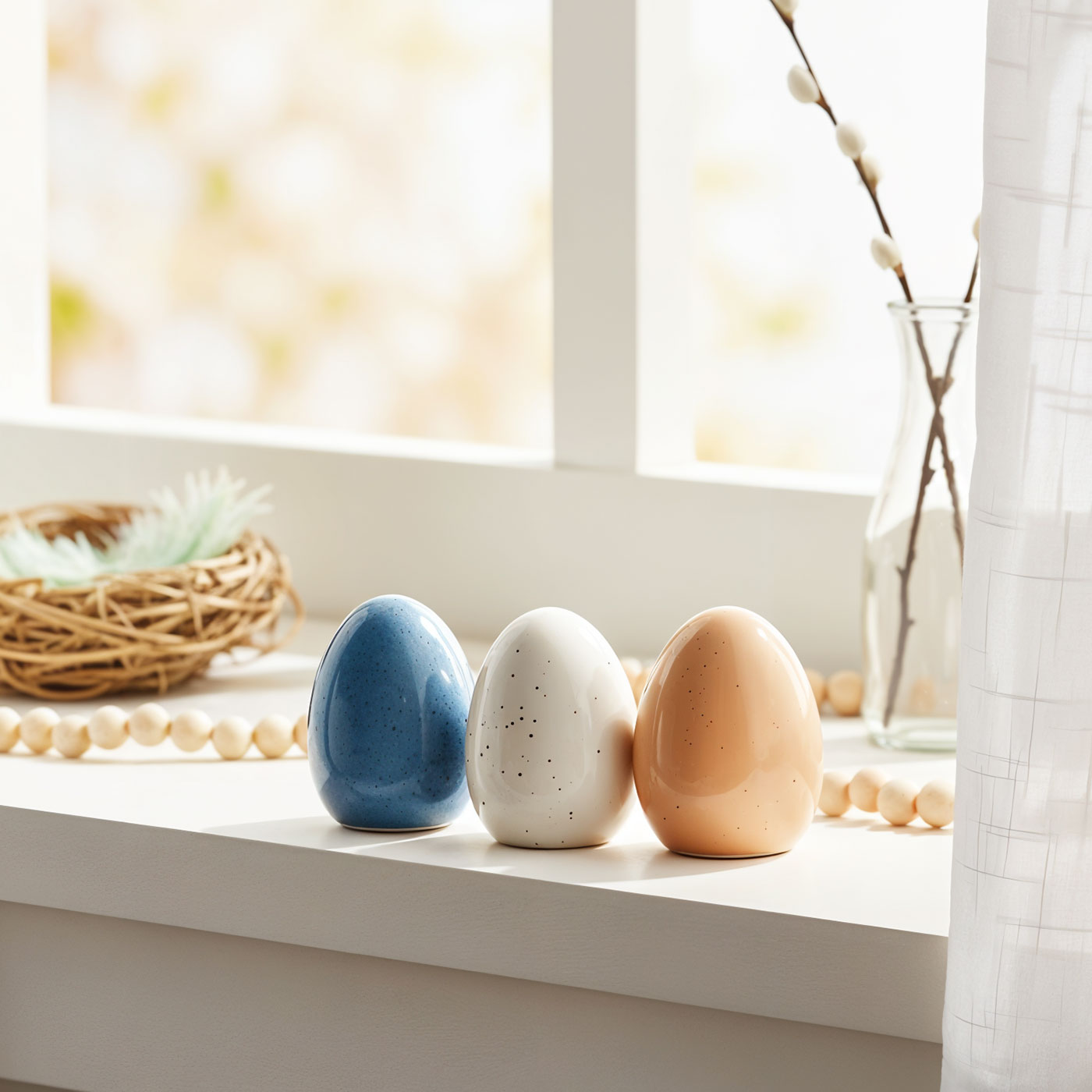 3er Set Deko-Eier Porzellan Blau Creme Beige Osterdeko Ostereier Tischdeko Ostern