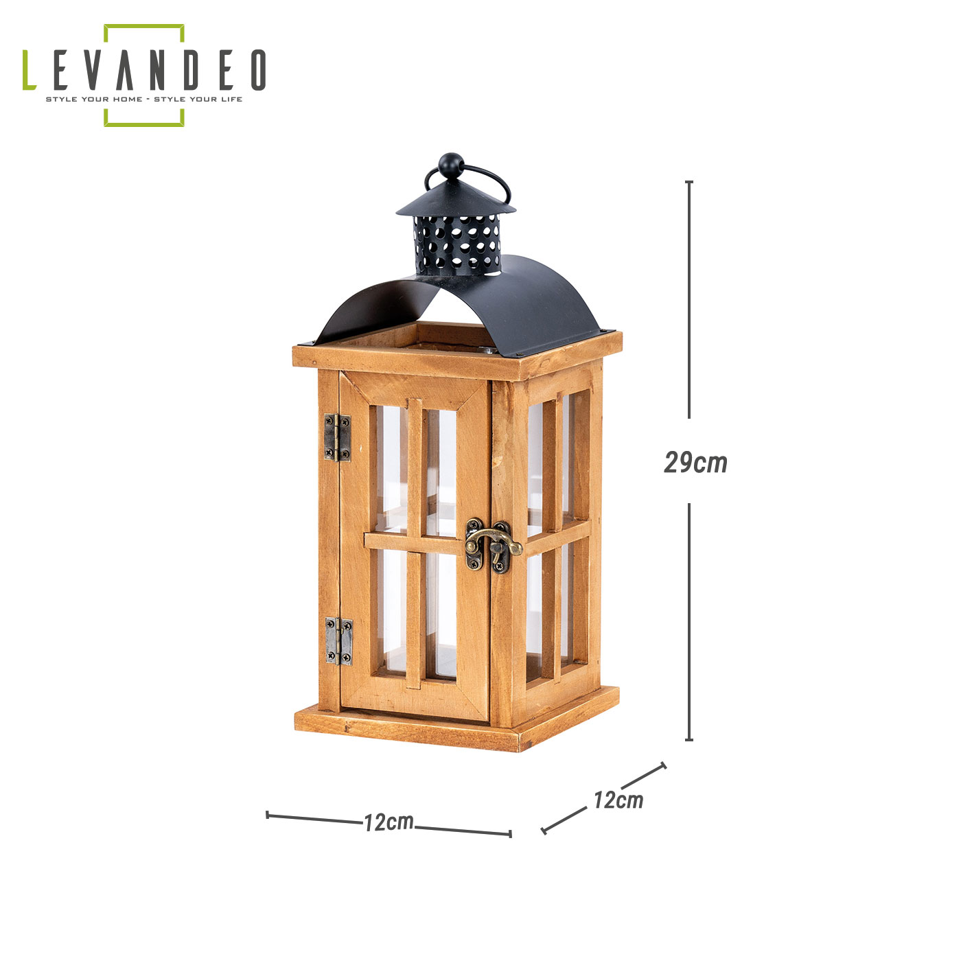 Laterne H29cm Braun Holz Metall Kerzenhalter Windlicht Gartendeko Holzlaterne
