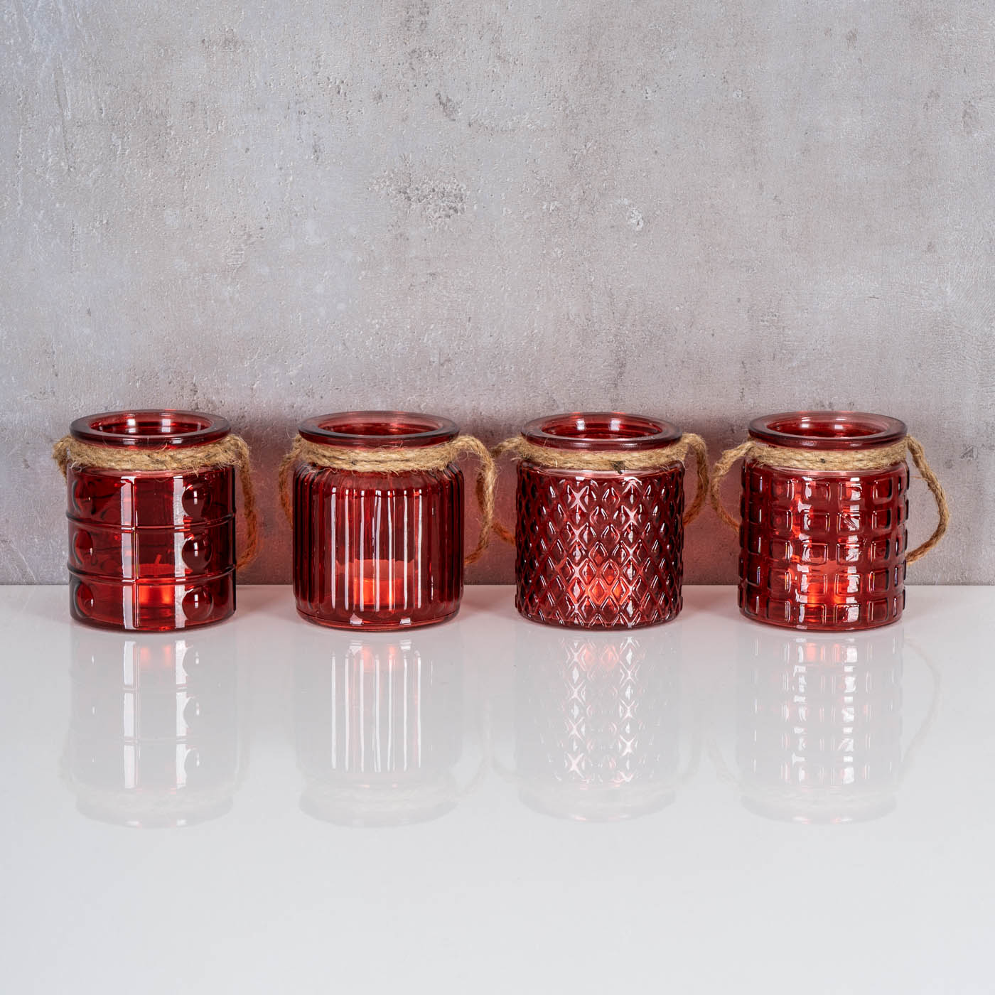 4er Set Windlicht H10cm Glas Rot Bordeaux Teelichthalter Tischdeko Kerzen Retro