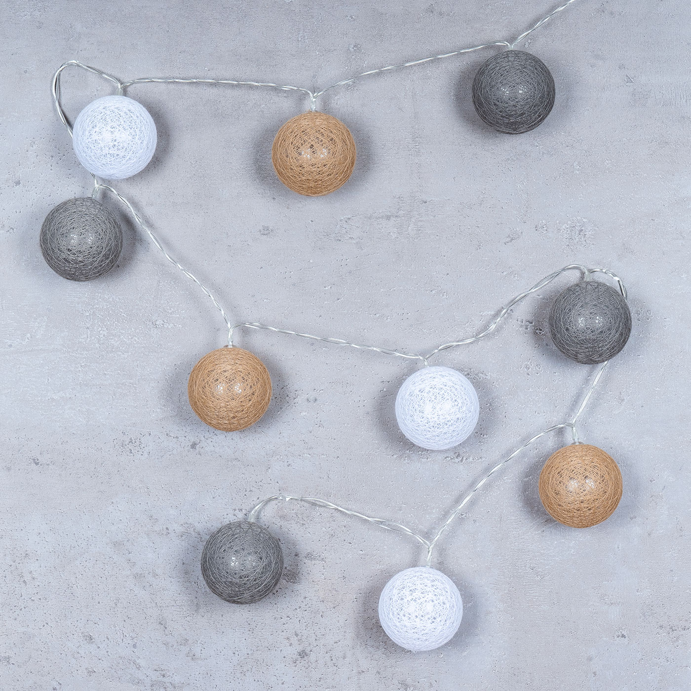 10er Lichterkette LED Kugeln Lampions Baumwolle Braun Weiß Cotton Warmweiß Deko