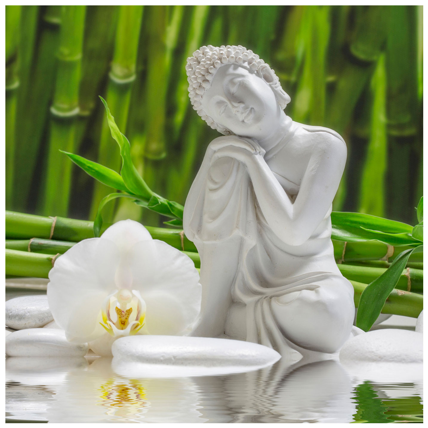 levandeo Glasbild 30x30cm Weiße Orchidee Bambus Buddha Wandbild Wanddeko