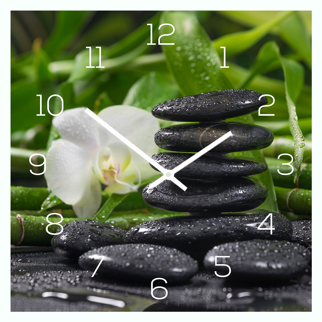 Wanduhr aus Glas 30x30cm Uhr als Glasbild Bambus FengShui Wellness