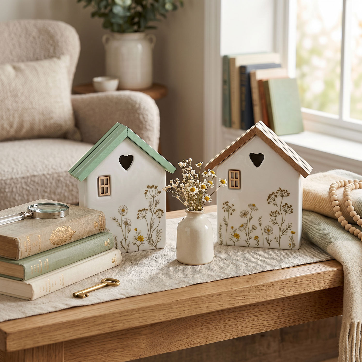 2er Set Deko Aufsteller Haus H18cm Porzellan MDF Holz Blumen Tischdeko Frühling