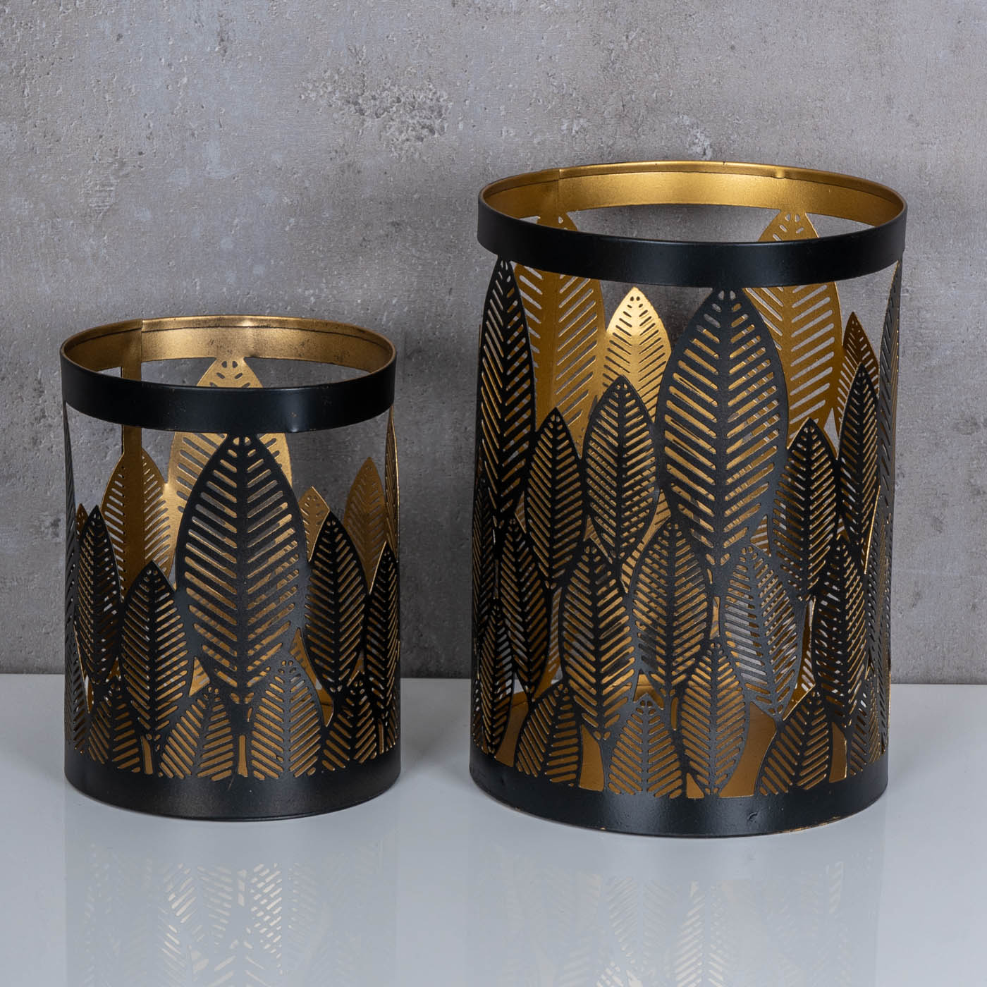 2er Set Windlicht 13x18cm Schwarz Gold Metall Teelichthalter Blattdekor Tischdeko