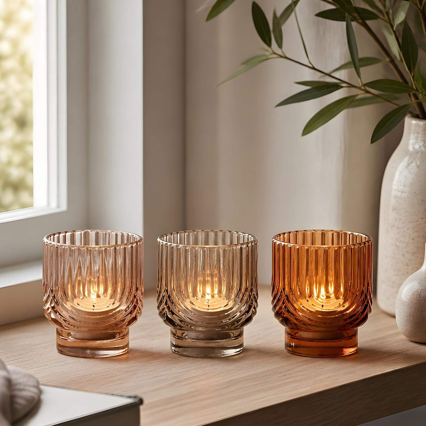 3er Set Kerzenglas Teelichthalter Bernstein Beige Orange Windlichter Herbst Deko