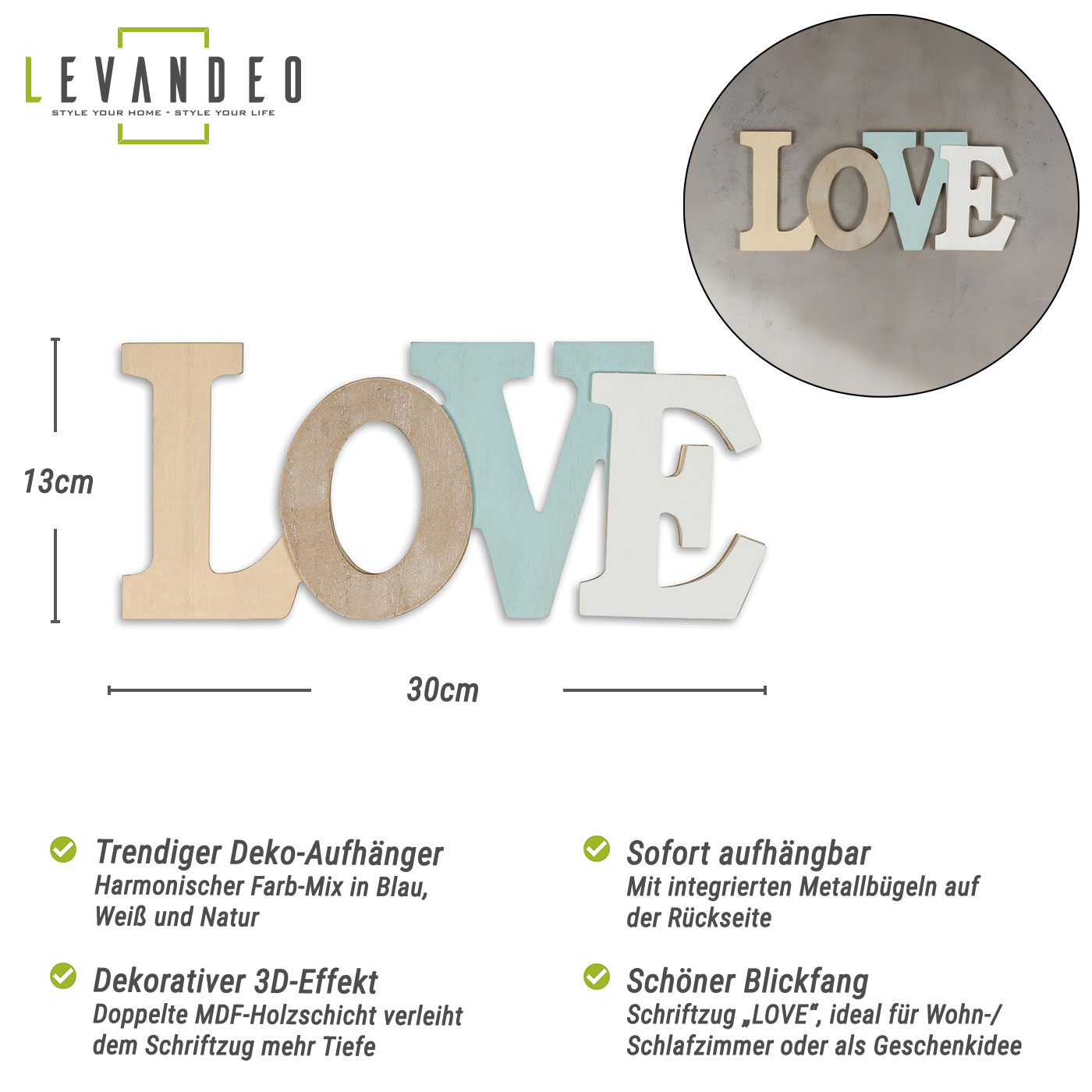 Schriftzug Love L30cm Blau Weiß Natur Buchstaben Wanddeko Wandbild Hängedeko