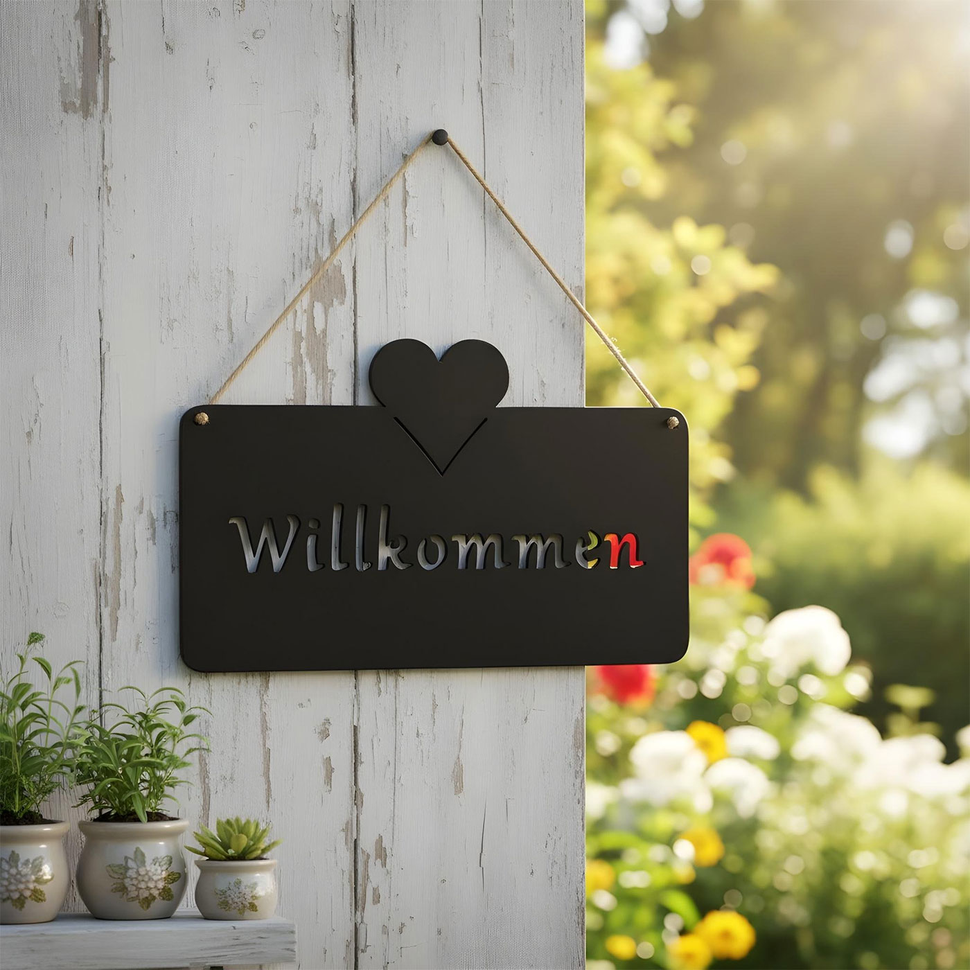 Türschild Willkommen Schwarz 25x16cm Eisen Hängeschild Haustür Gartendekoration