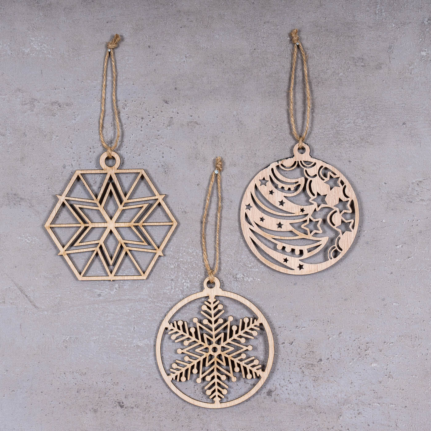 3er Set Deko-Anhänger Weihnachten Holz Birkenholz Schneeflocke Kugel Baumschmuck