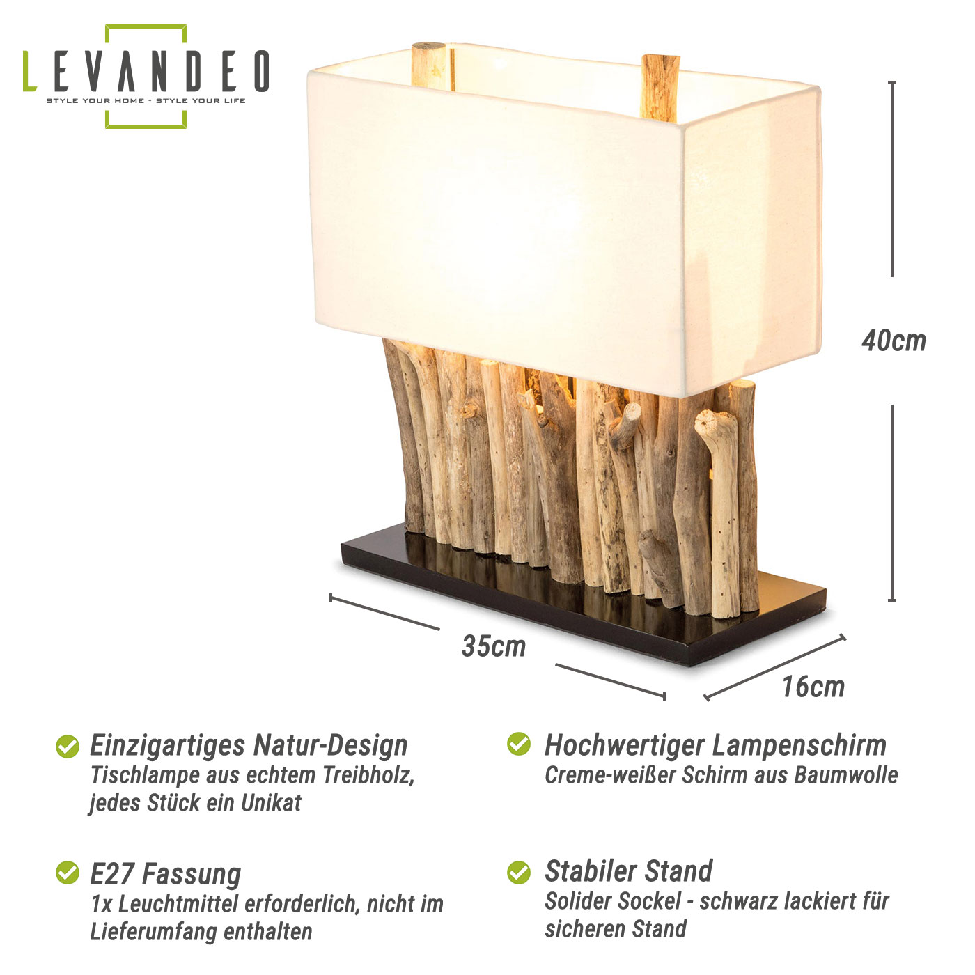 levandeo Lampe 35x40x16cm Tischlampe Treibholz Unikat Holzlampe Design Deko Rustikal