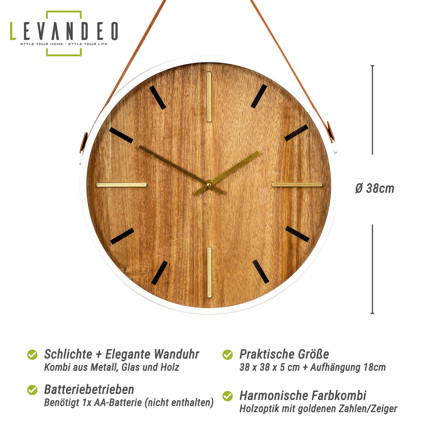 Wanduhr ⌀38cm Holzoptik Weiß Braun Gold Band zum Aufhängen Wanddeko Design Uhr