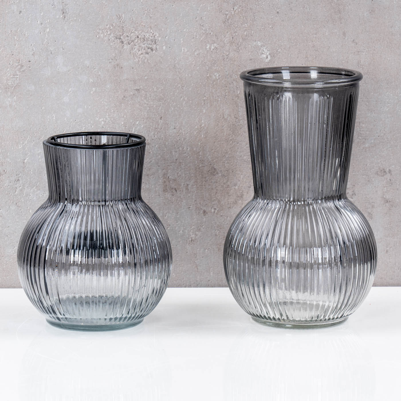 2er Set Tischdeko Vase Windlicht Grau Glas Rund Teelichthalter Retro Rillen Deko