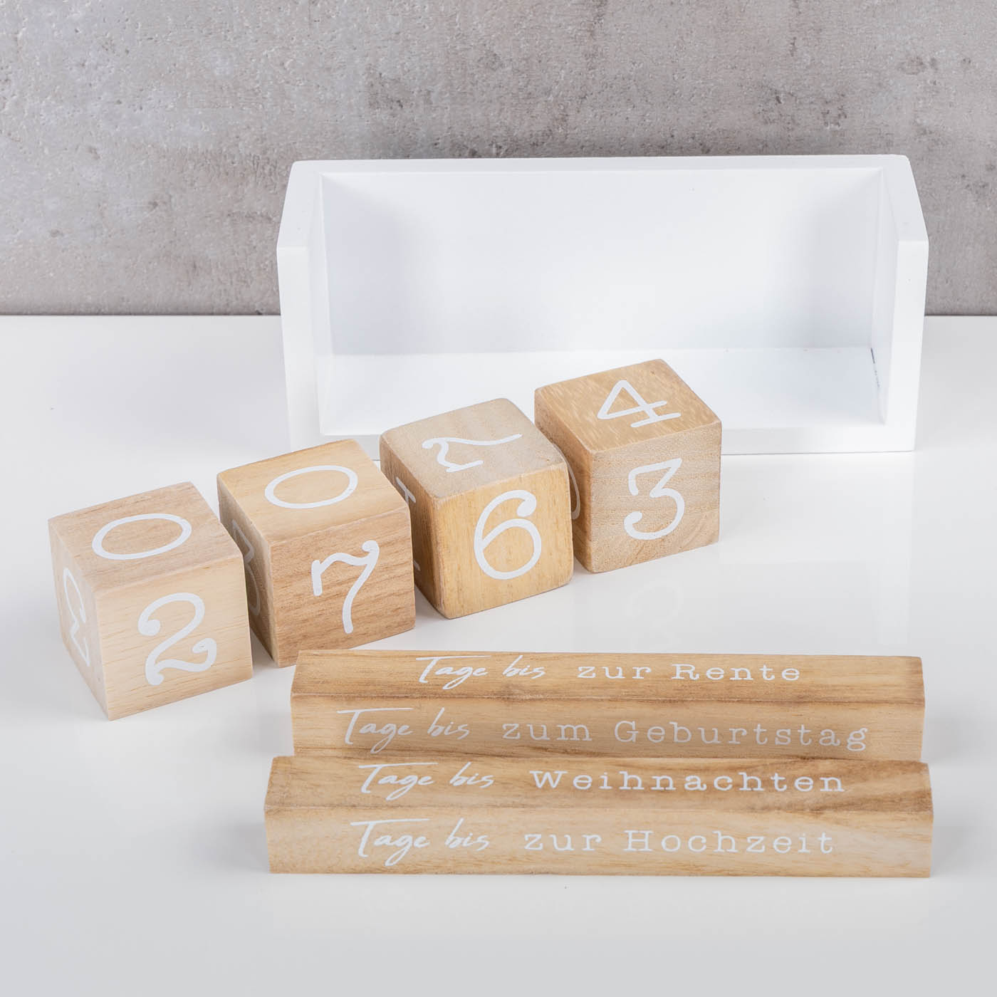 Würfel Countdown Kalender Holz Natur Weiß Holzkalender Tischkalender Event