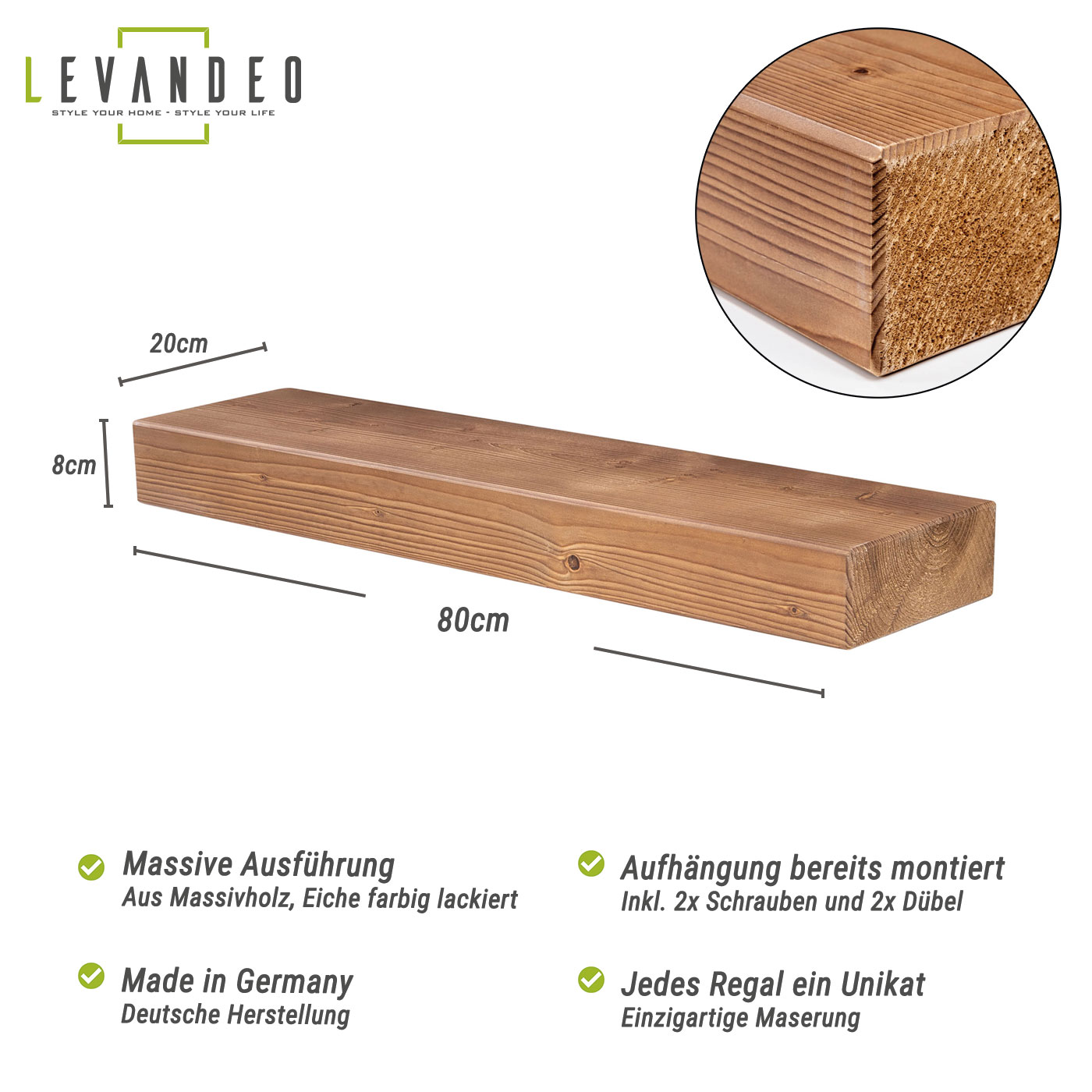 levandeo Wandregal Holz Massiv 80x20cm Eiche Farbig Wandboard Regal Vintage