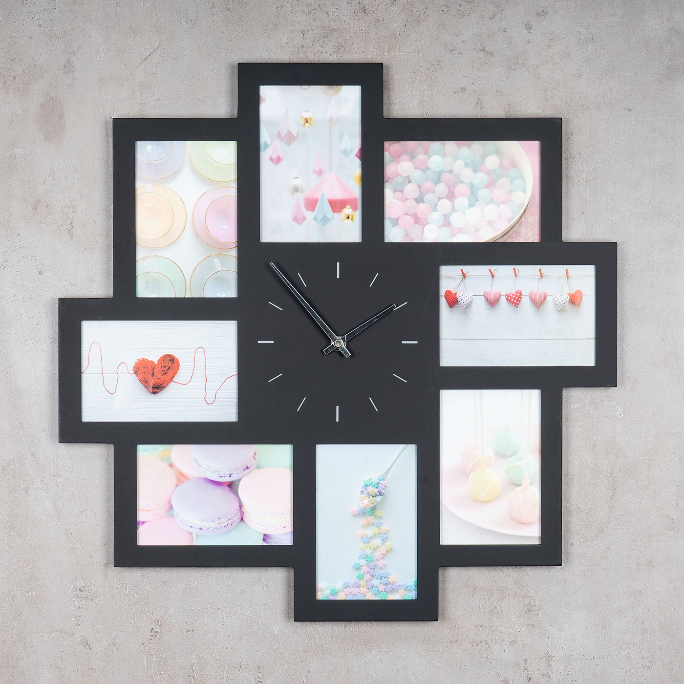 Wanduhr Schwarz 52x52cm Holz Bilderrahmen 8 Fotos Fotorahmen Collage Fotouhr