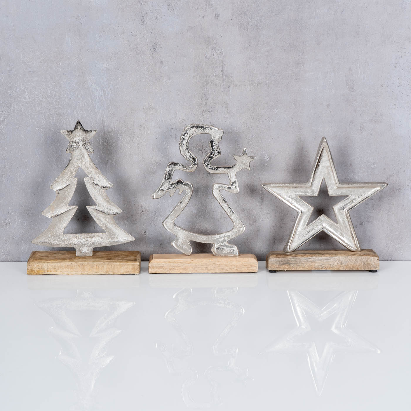 3er Set Dekofiguren Weihnachten H25cm Stern Engel Baum Mango Metall Silber Deko