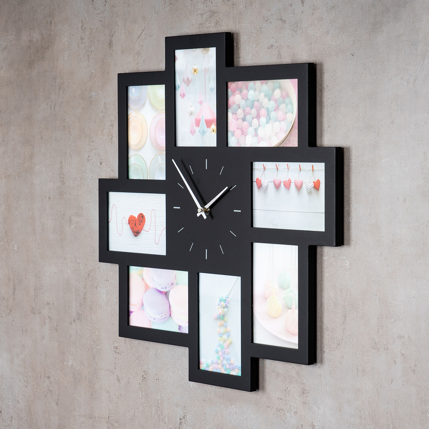 Wanduhr Schwarz 52x52cm Holz Bilderrahmen 8 Fotos Fotorahmen Collage Fotouhr