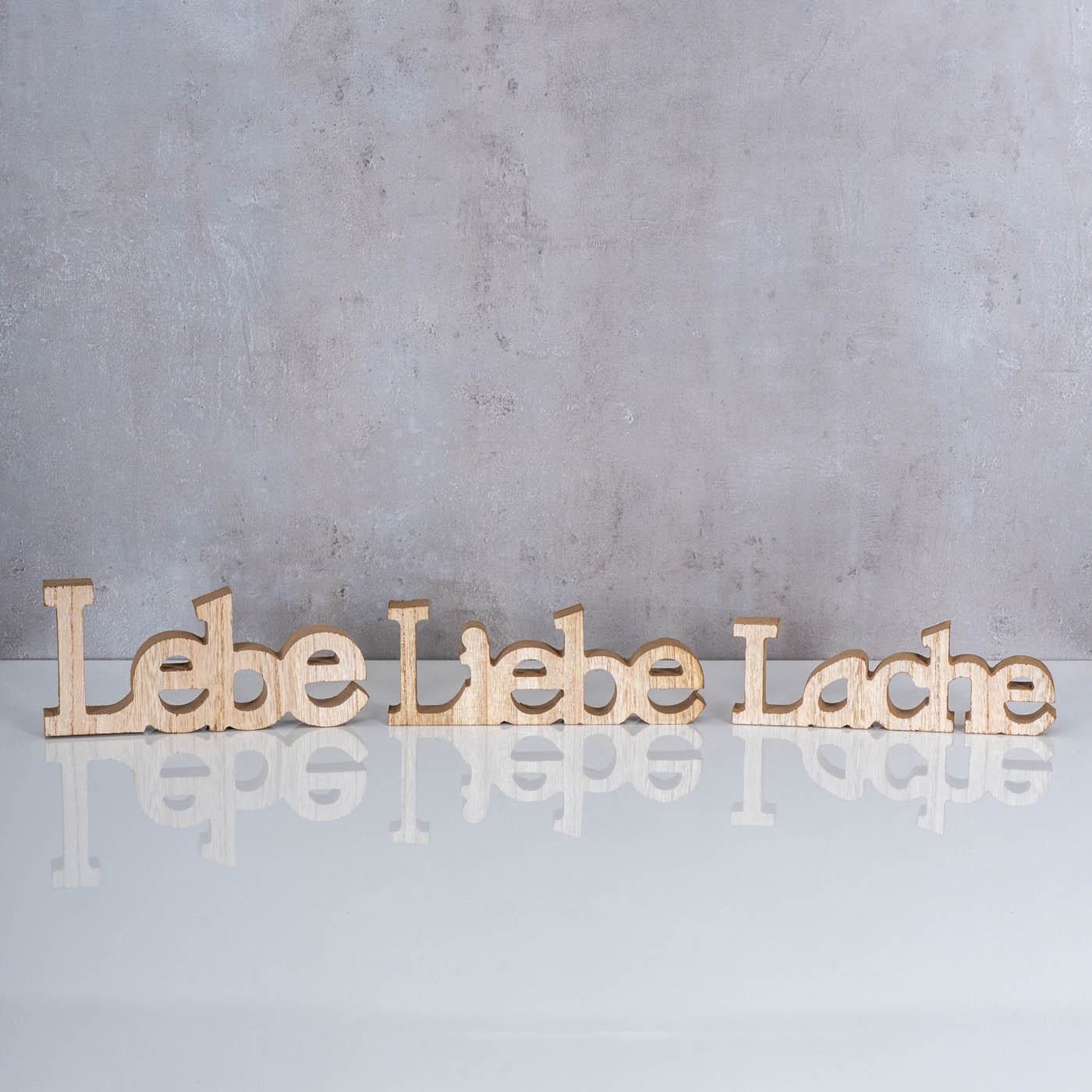 3er Set Schriftzug Holz Lebe Liebe Lache Braun Aufsteller Deko Tischdeko