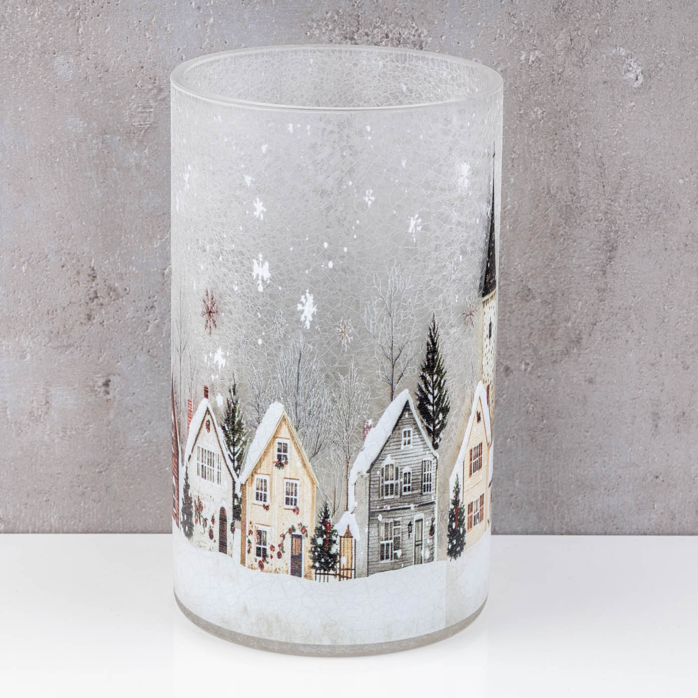 Windlicht H20cm Crackle Glas Teelichthalter Winter Weihnachten Kerzen Tischdeko