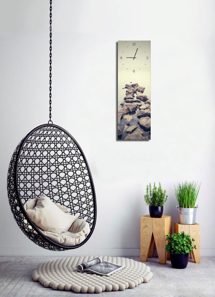 Wanduhr aus Glas 20x60cm Uhr als Glasbild Steine Meer Natur Dekoration