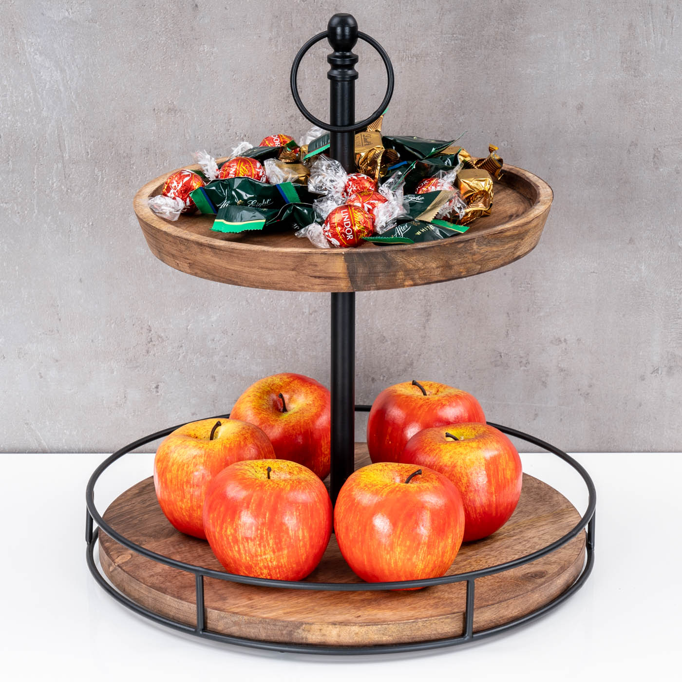Etagere Holz 2 Etagen H38cm Akazienholz Schwarz Natur Servierplatte Kuchenplatte